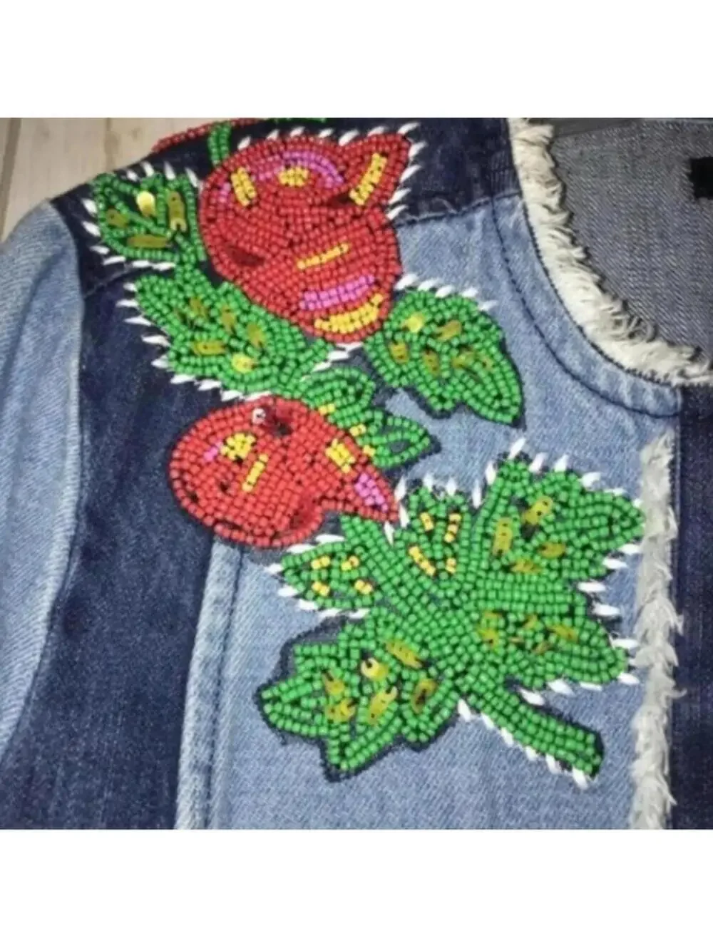 Relativity Beaded Rose Denim Patchwork Jean Jacket
